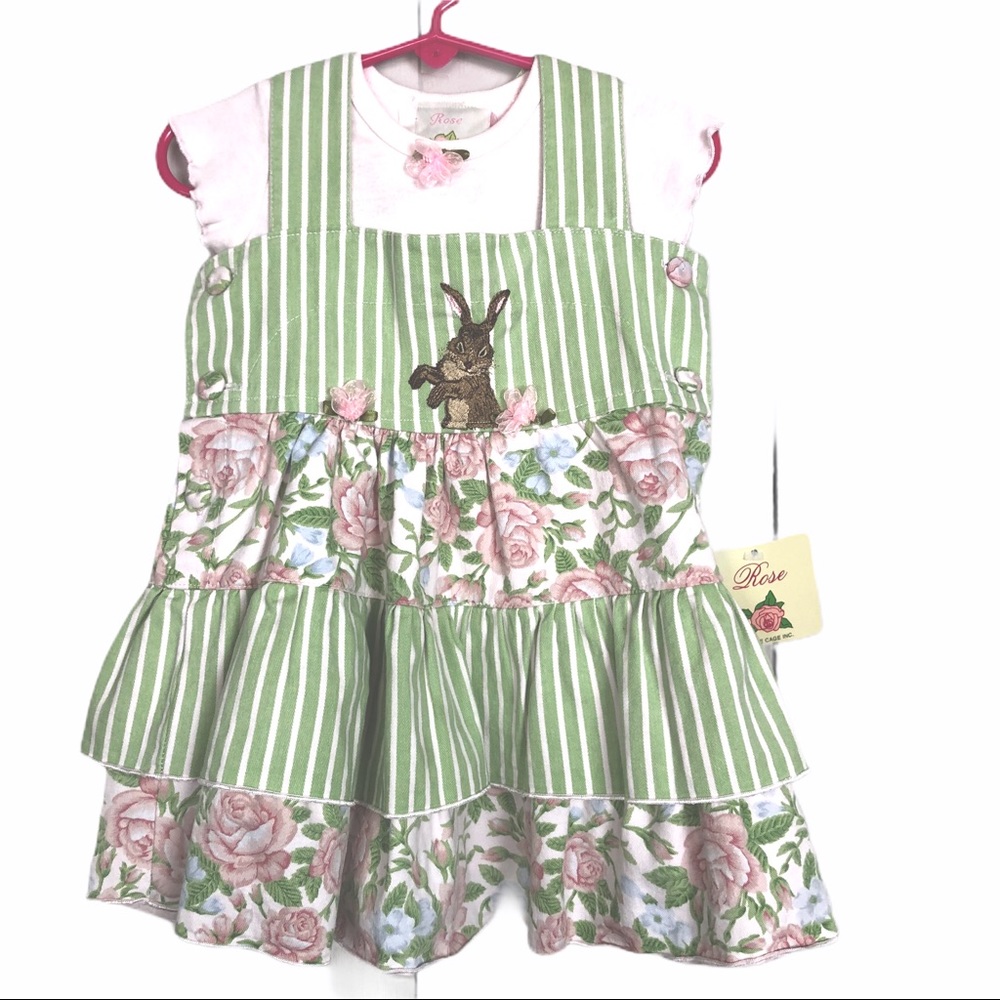 NWT 18-24‎ Mo Rose Cage Easter Bunny Jumper w Cap Sleeve Tee 2pc Set SPRING